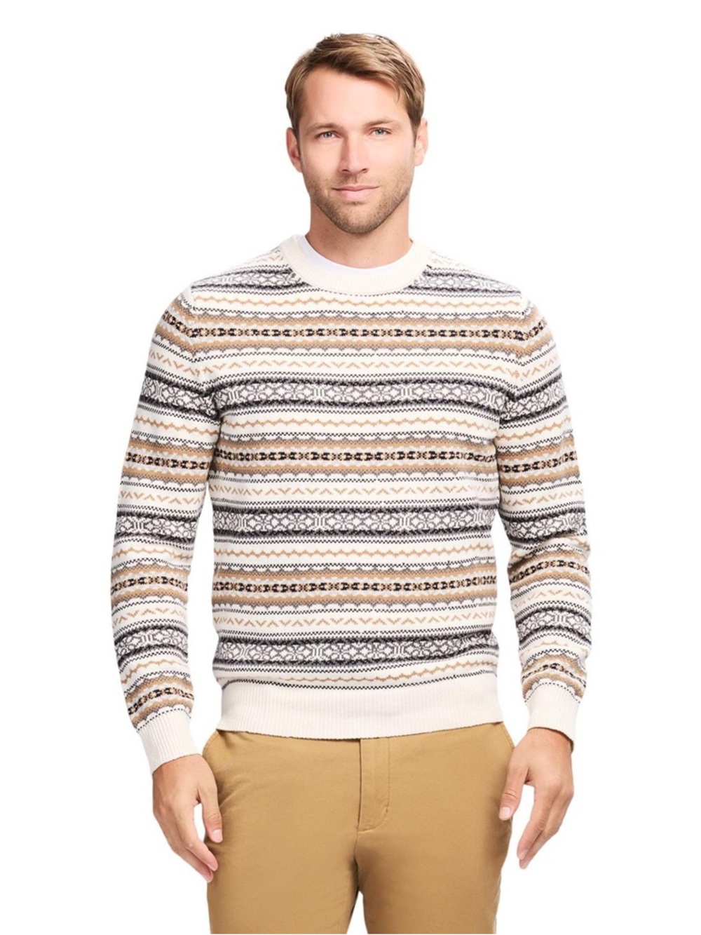 Izod Men's Cream Fair Isle Crewneck Sweater with Stripes